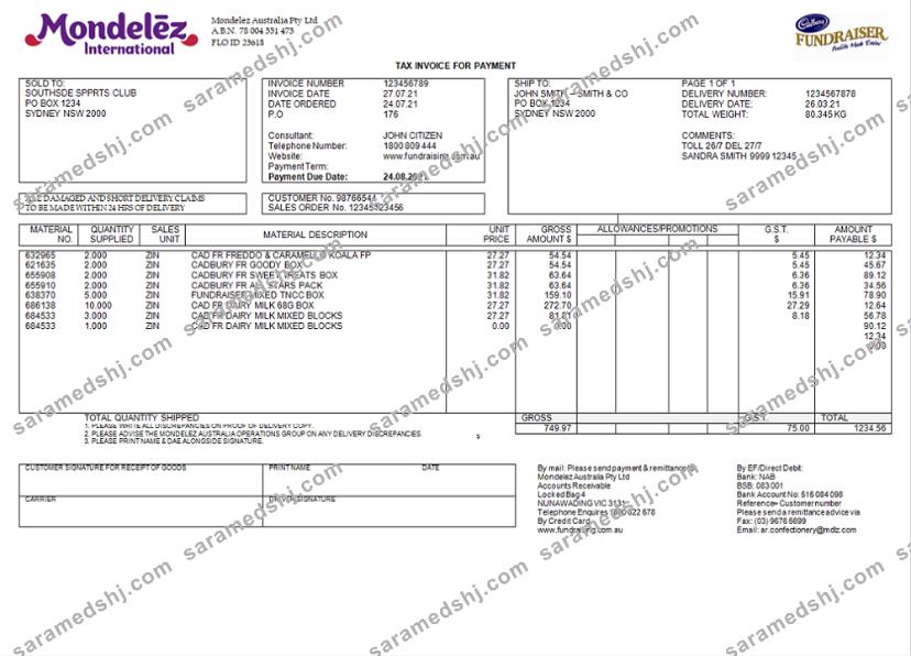 Australia Mondelez Holdings Pty Ltd invoice